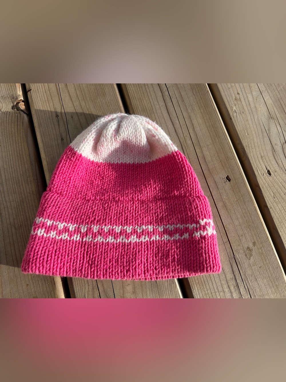 Thick Hand Knit Warm Winter Beanie Hat in Pink & Cream • Handmade